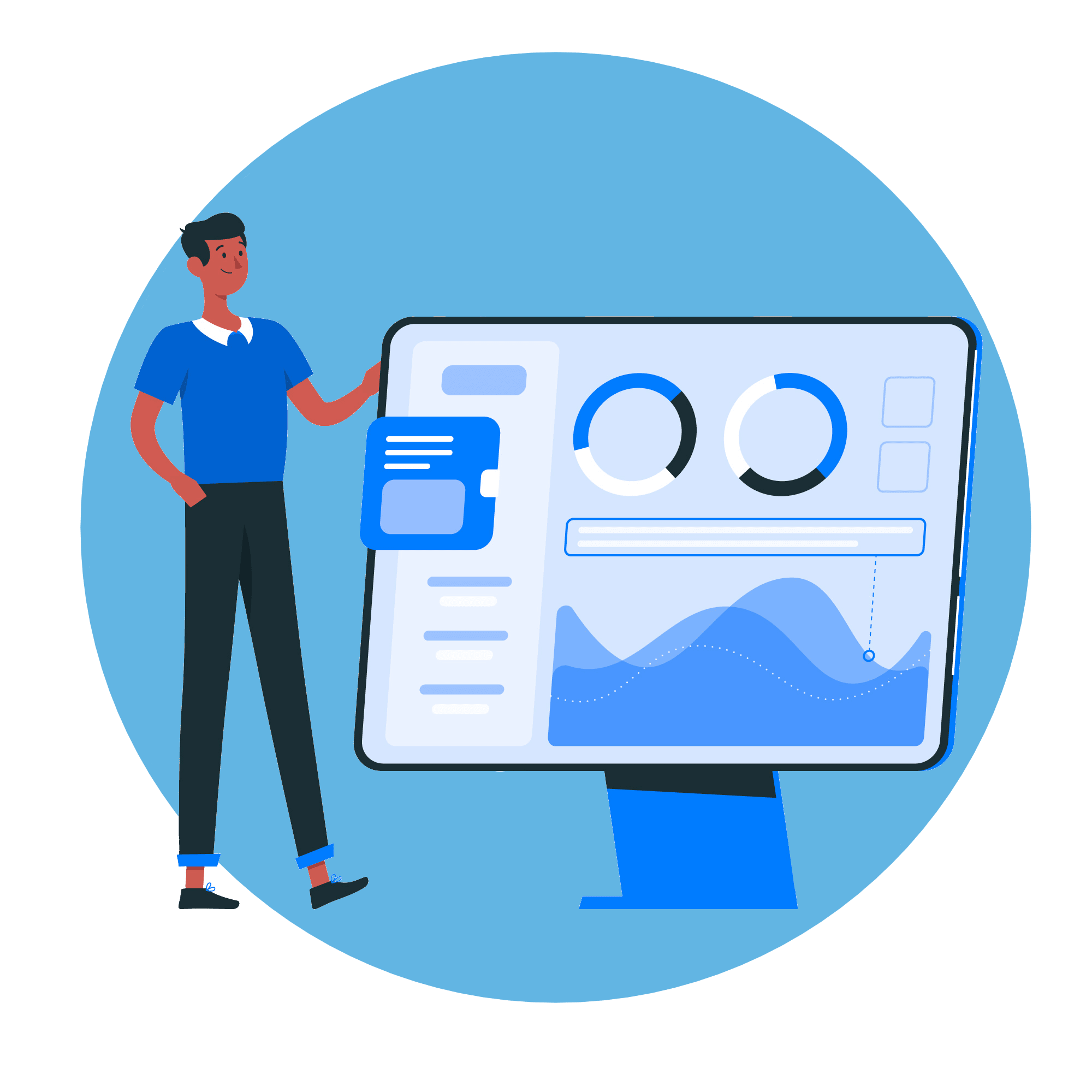 a cartoon man standing by a monitor that is displaying website analytics